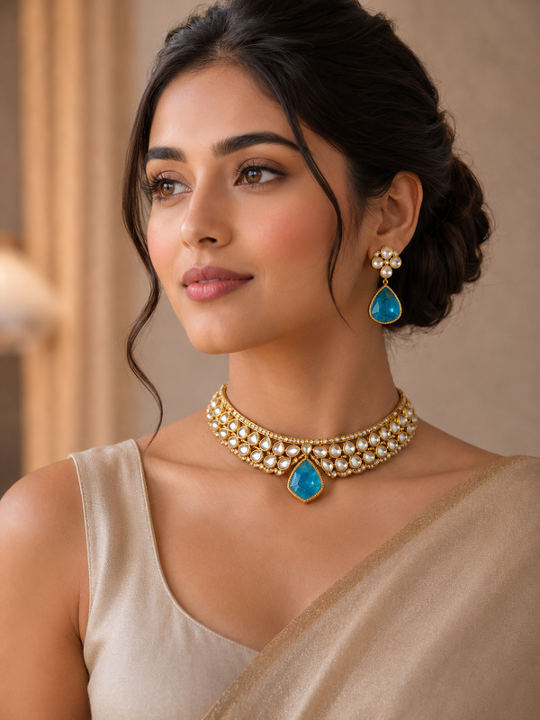 Turquoise Blue Kundan Choker Necklace Set