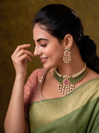 Emerald green doublet chocker set with tiana kundan drops