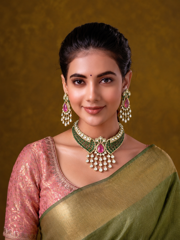 Emerald green doublet chocker set with tiana kundan drops