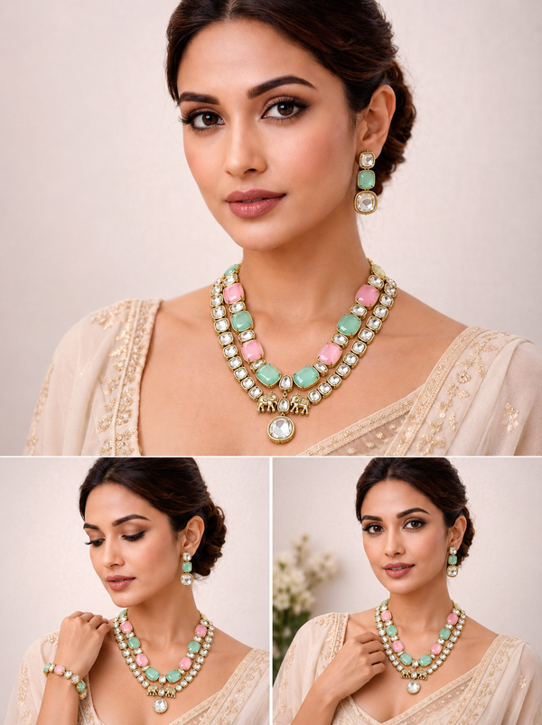 Pastel Mint & Blush Pink Kundan Necklace Set