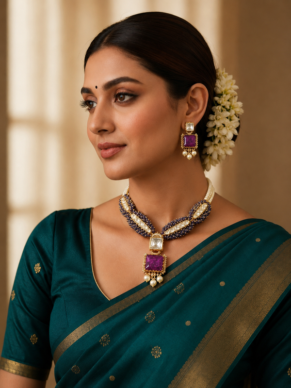Kundan necklace set with purple real doublet