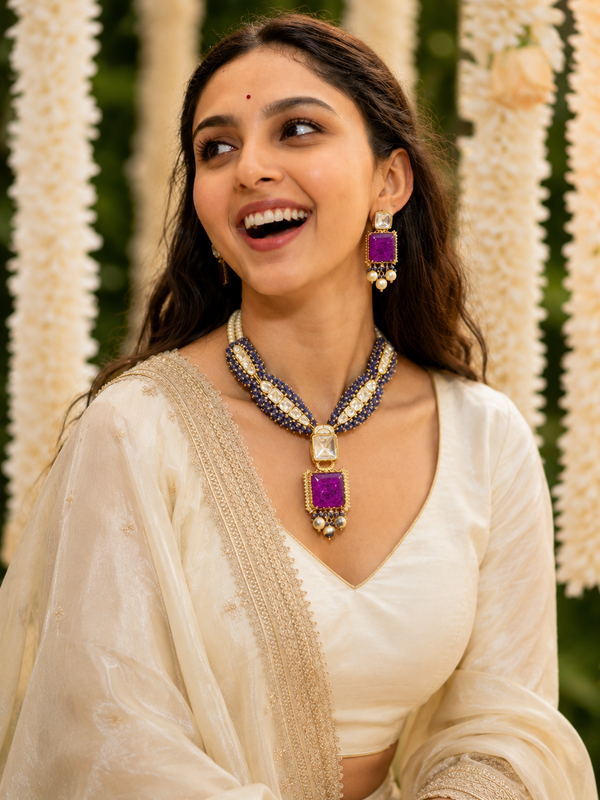 Kundan necklace set with purple real doublet