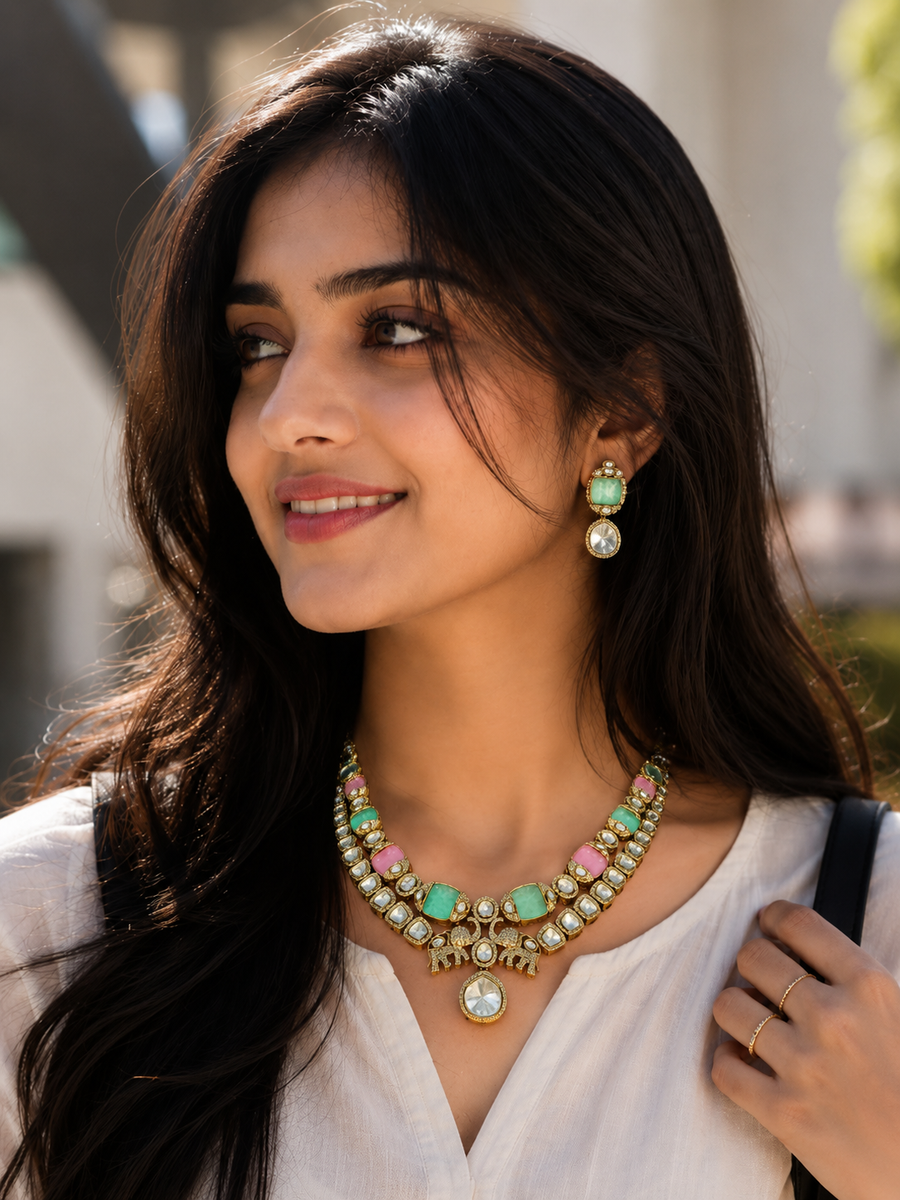 Pastel Kundan Necklace Set with Dual Elephant Motif