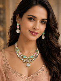 Pastel Kundan Necklace Set with Dual Elephant Motif