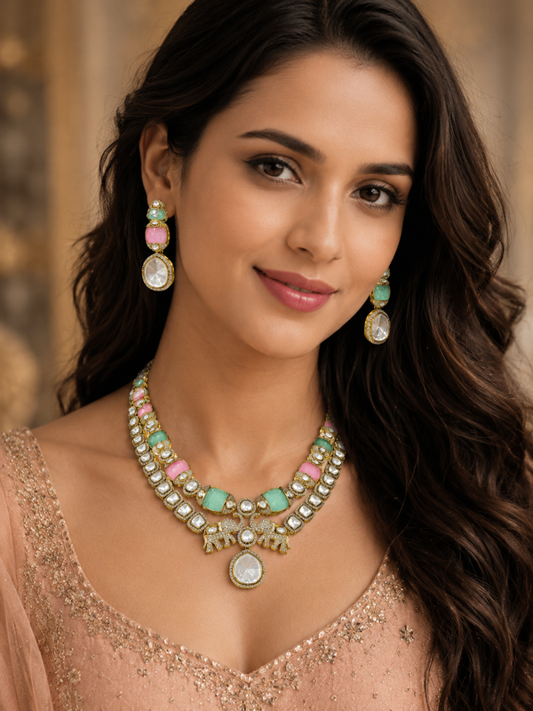 Pastel Kundan Necklace Set with Dual Elephant Motif