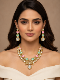 Pastel Kundan Necklace Set with Dual Elephant Motif