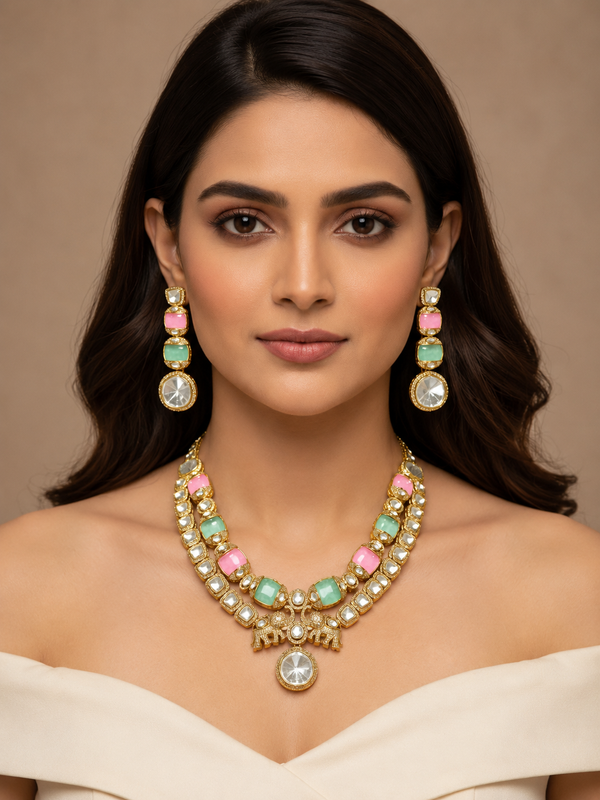 Pastel Kundan Necklace Set with Dual Elephant Motif