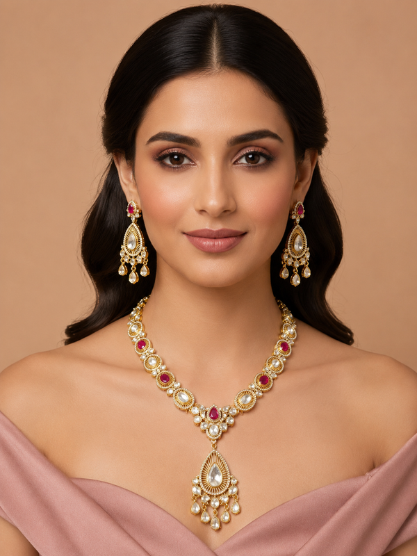 Ruby pendent set in tiana kundan